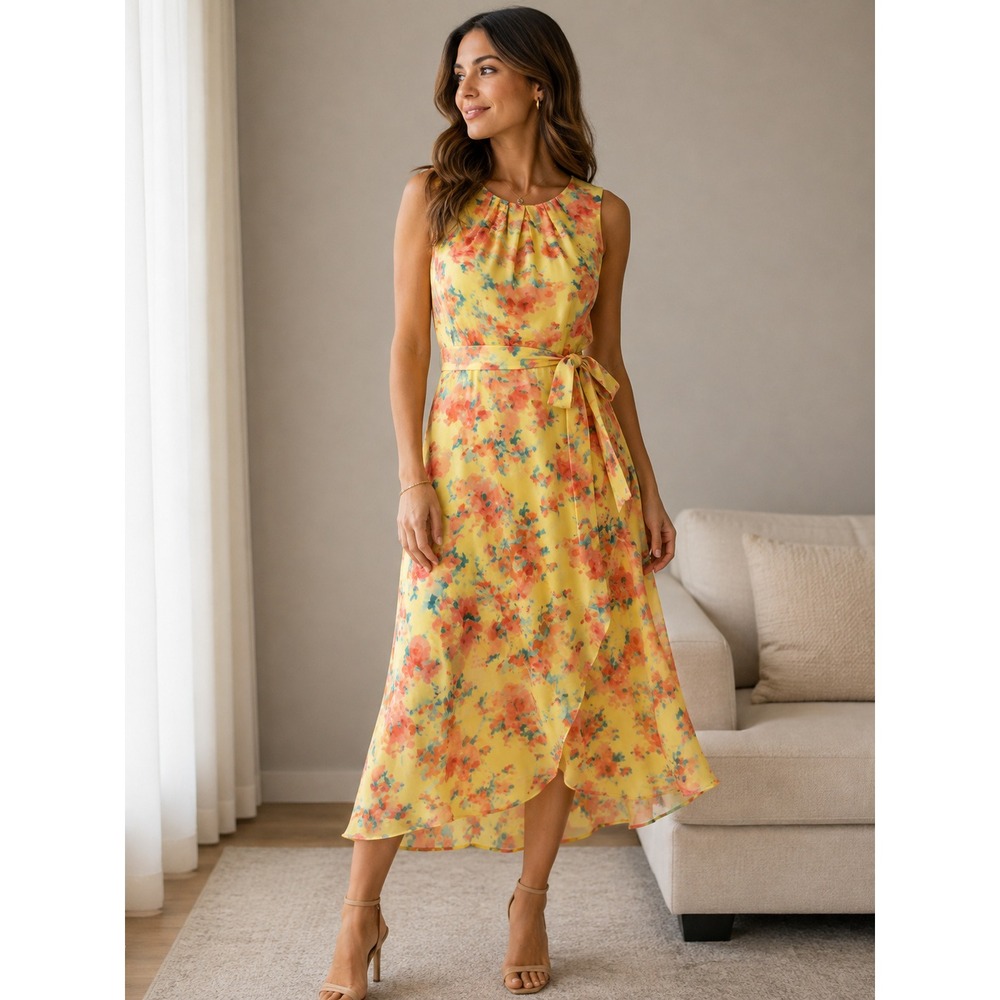 Chetta B Womens Yellow Floral Chiffon Sleeveless Maxi Dress Size 10 Watercolor